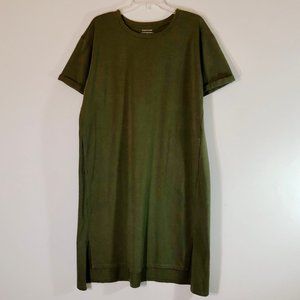 Eileen Fisher Dress T-Shirt Style Short Sleeve Pockets High Low Hem Olive SZ M